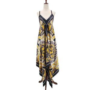 Boston Proper Womens Small Dress Satin Floral Black Yellow Boho Beach Maxi Party